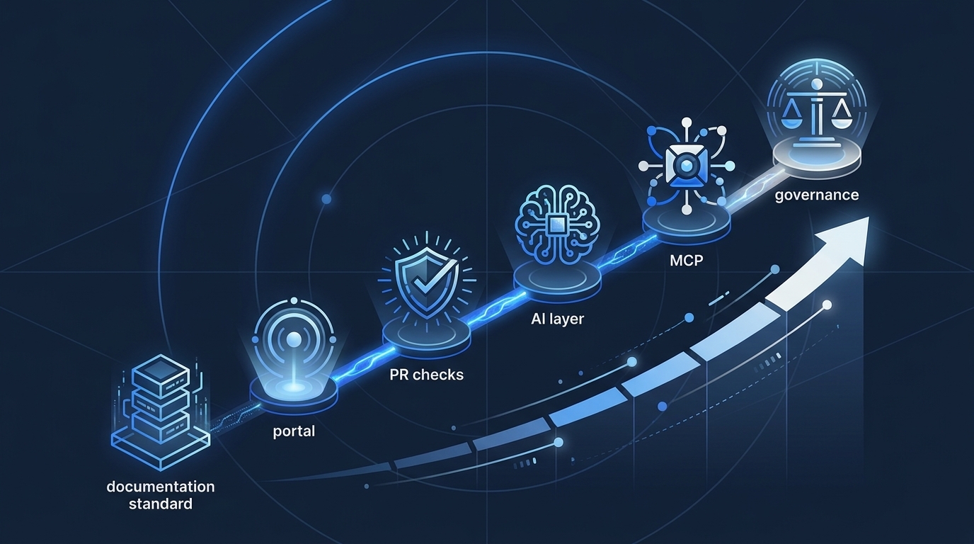 Phasenplan: Doku-Standard → Portal → PR-Checks → AI Layer → MCP → Governance